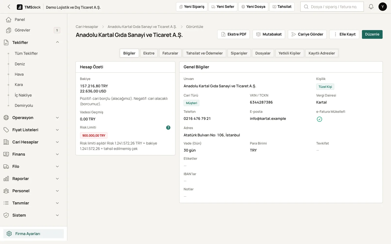 TMSdeck account card: TRY and USD balances, credit limit warning, statement and reconciliation buttons