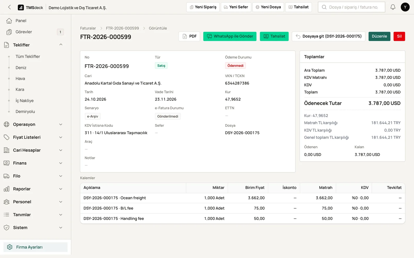 TMSdeck foreign-currency sales invoice: VAT exemption code, exchange rate and lira equivalent