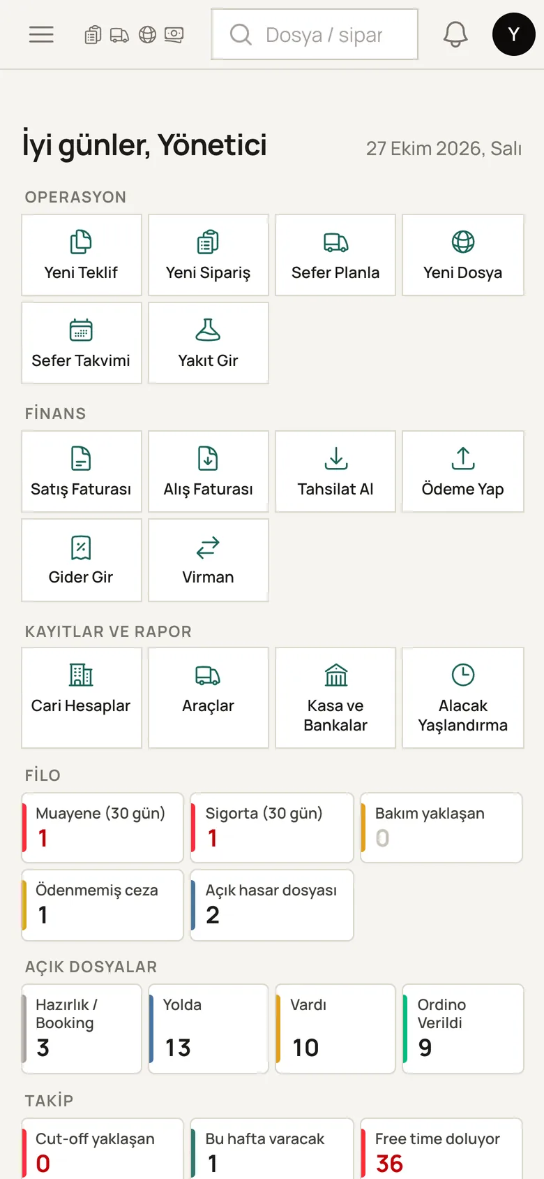 TMSdeck dashboard on a phone: turnover, receivables and today's tasks in summary