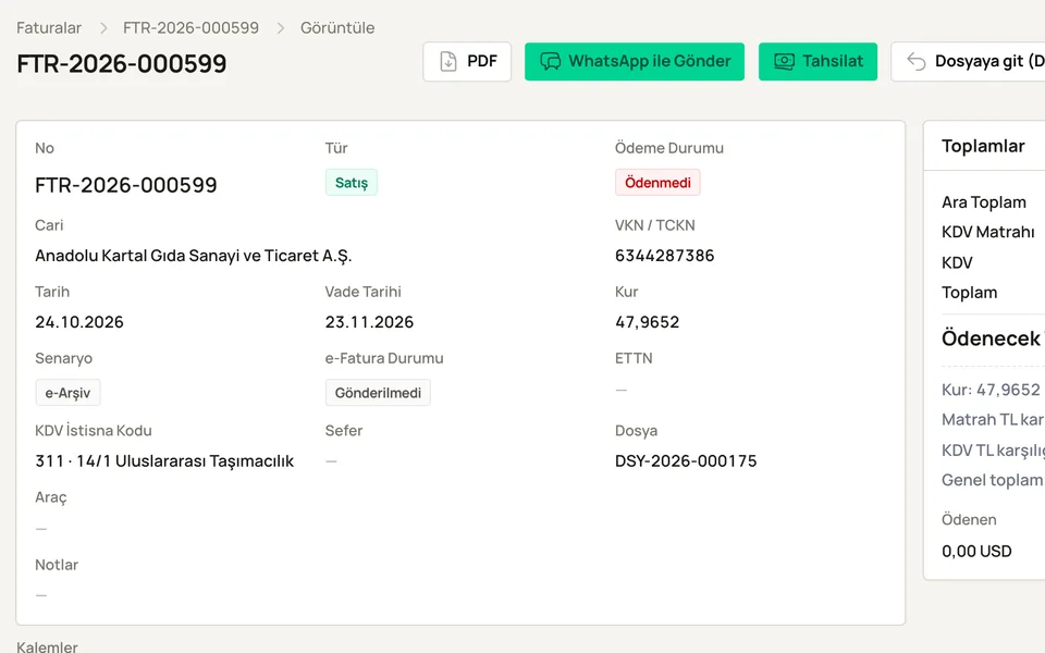 Dövizli satış faturası: senaryo, kur, KDV istisna kodu ve bağlı dosya
